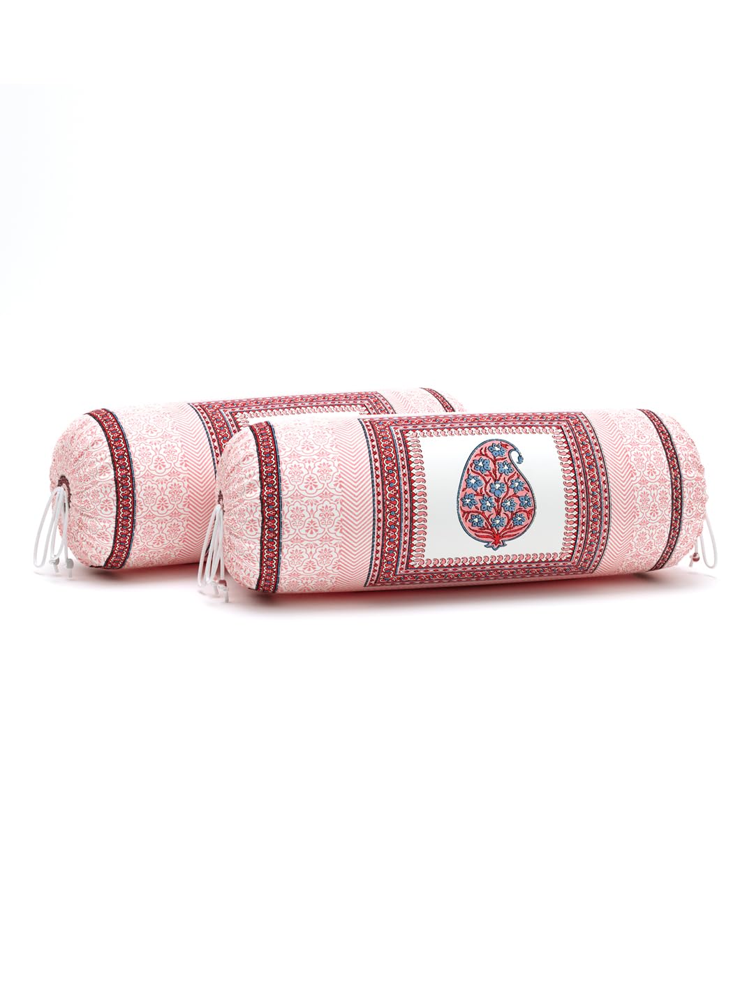 BLOCKS OF INDIA Cotton Hand Block Printed Bolster Cover | Booster Cover with Drawstring | Round Long Pillow Cover for Bed | Dewan Pillow Cover Set 16 X 32 | Set of 2 (Color 43)