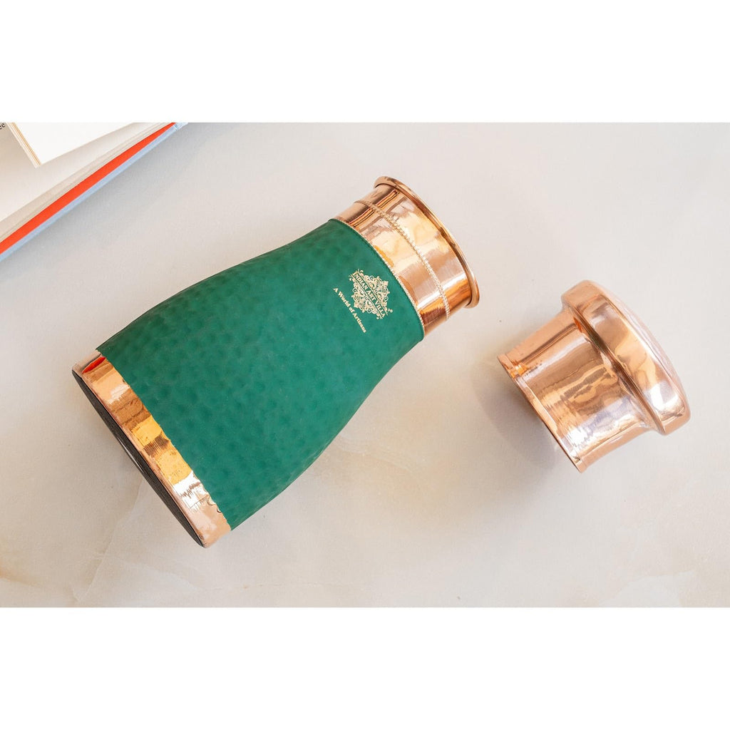 INDIAN ART VILLA Pure Copper Bedroom Water Bottle with Inbuilt Glass, Green Silk Finish Hammered Design, Drinkware & Storage Purpose - Volume 950 ML (Pack of 1)
