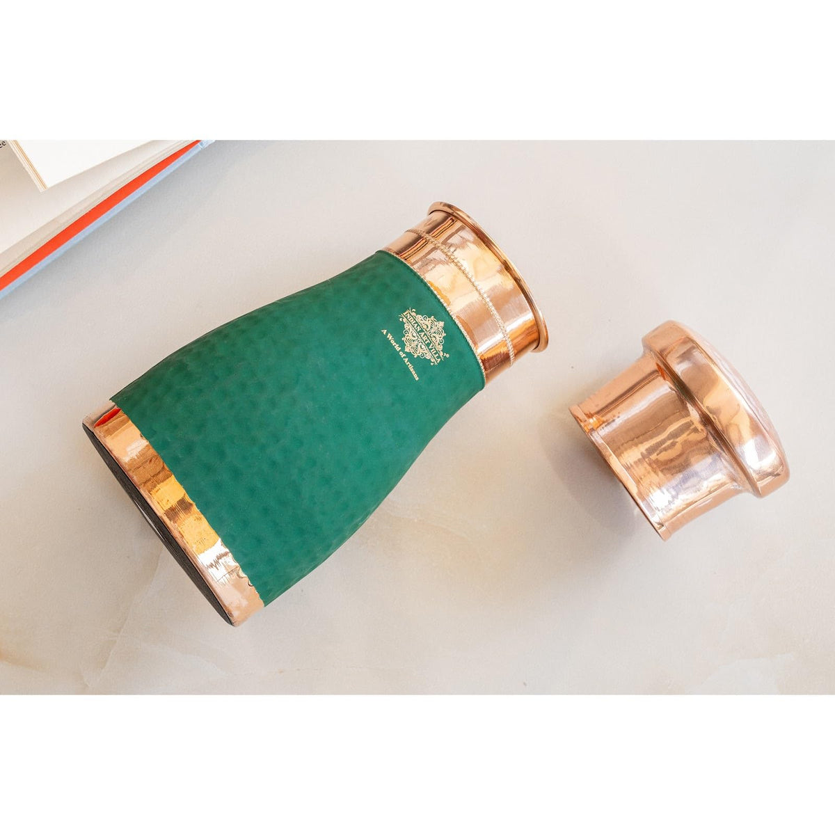 INDIAN ART VILLA Pure Copper Bedroom Water Bottle with Inbuilt Glass, Green Silk Finish Hammered Design, Drinkware & Storage Purpose - Volume 950 ML (Pack of 1)