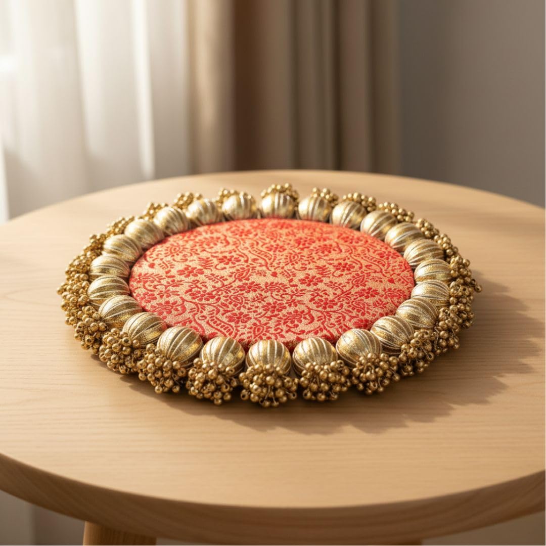 SATYAM KRAFT 1 Pc Handmade Jhumki Platter (6 Inch) with Gota Patti & Golden Moti | Ganpati & Janmashtami Decoration, Festive Home Décor, Pooja Setup, Table Centerpiece & Gifting Item