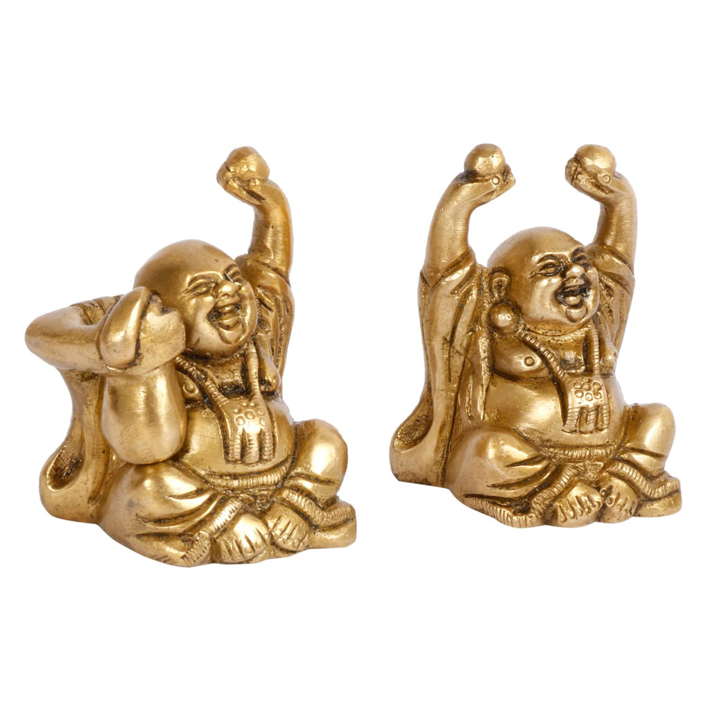 ARTVARKO Brass Feng Shui Chinese Happy Man Set (2 Pcs) Laughing Buddha Golden Statue for Money, Wealth & Good Luck, Decorative Idol Showpiece for Home Decoration Small 6 cm