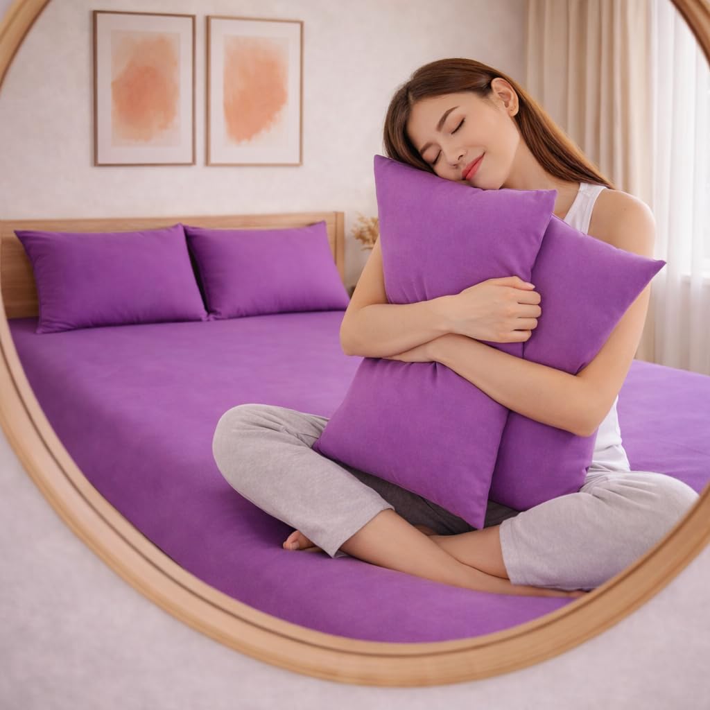 THE HOME STYLE Solid Cotton Feel Pillow Covers (18 x 28 inches, Set of 2 Pcs) | 300 TC | Super Soft & Smooth (Plum)