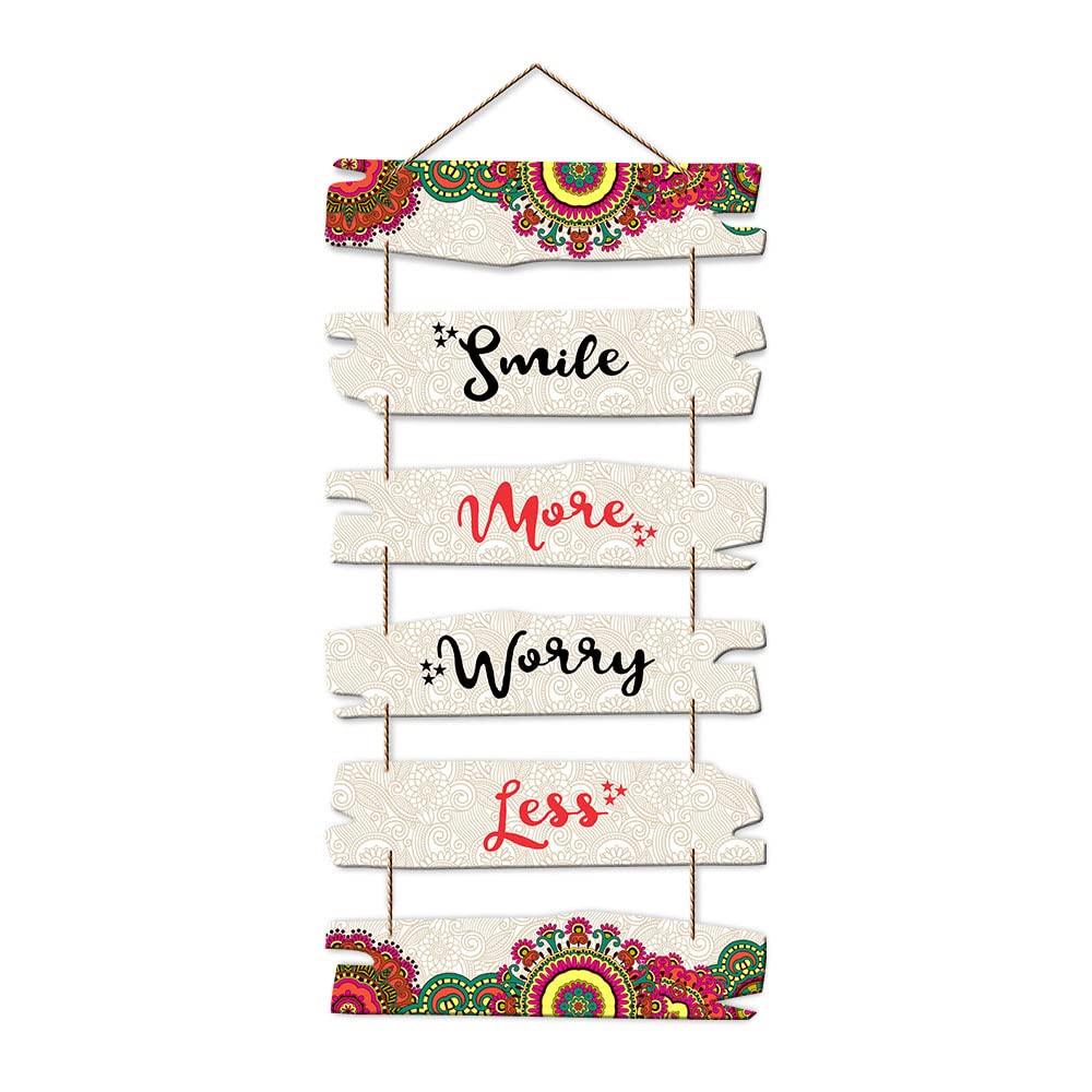 Artvibes Smile More Worry Less Wall Hanging Wooden Art | Quotes Decor Item | Wall Illustrations | Office Wall Decoration Items | Wall Art Print | Inspirational quotes | Gift Items (WH_3237NN)