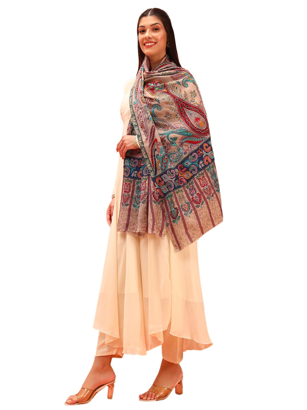 Pashmoda Women Sahtaar 100% Pure Wool Fabric Kalamkari Embroidered Stole, Shawl and Wrap, Sustainable and Natural Fabric, Heritage Kashmiri Pashmina (Size 28x80 Inches) Beige Colour KAST01