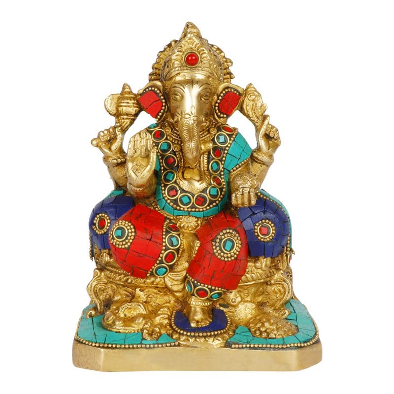SVARUP Brass Sitting Ganesha Idol in Multicolor Height 6.5 Inch