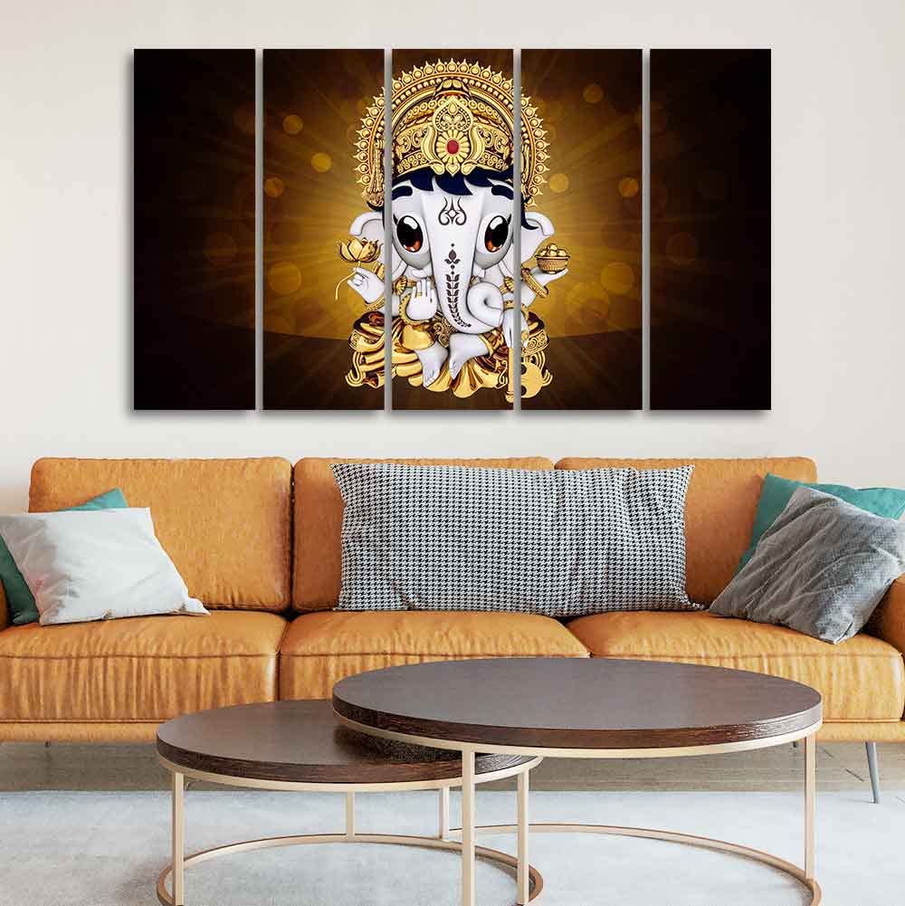 VIBECRAFTS Little Ganesha Premium Wall Painting of Five Pieces For Home|Office|Living Room|Gift (PTVC5Pcs4_8685)