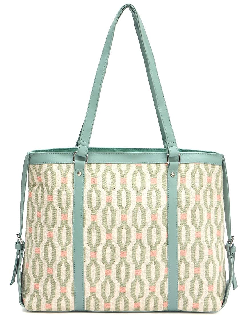 PRIMROSE Chevron Pattern Tote Bag for Women, Black and Beige (Mint & Beige)