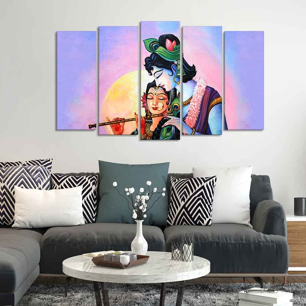 VIBECRAFTS Radha Krishna Canvas Wall Painting Set of Five Panels For Home|Office|Living Room|Gift (PTVC5Pcs2_6574)