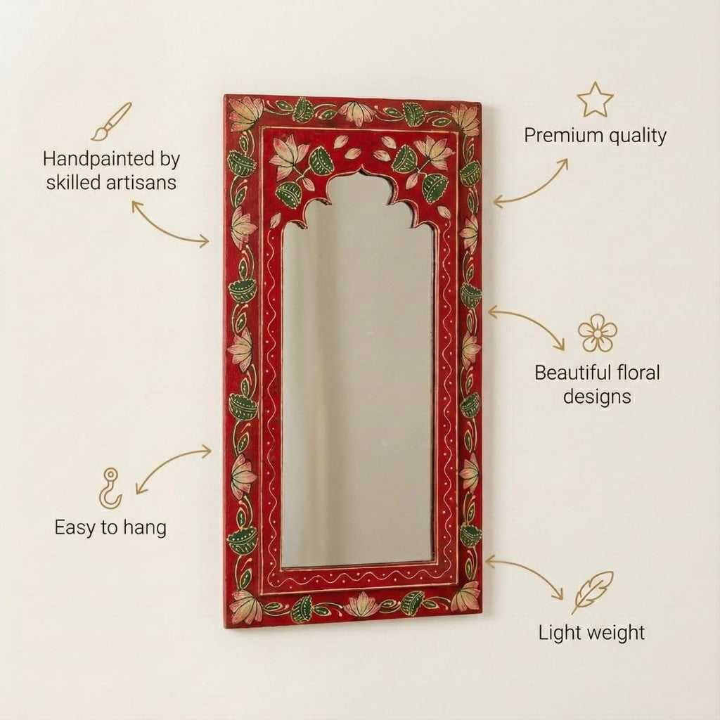 ATRANGI STUDIO Multicolour Handpainted Wooden Mirror (Set of 3) | Handcrafted Arch Design with Floral Motifs | Rajasthani Jharokha Style Mirror | Framed Wall Hanging for Home, Bedroom | 18x9.5 Inch
