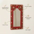 ATRANGI STUDIO Multicolour Handpainted Wooden Mirror (Set of 3) | Handcrafted Arch Design with Floral Motifs | Rajasthani Jharokha Style Mirror | Framed Wall Hanging for Home, Bedroom | 18x9.5 Inch