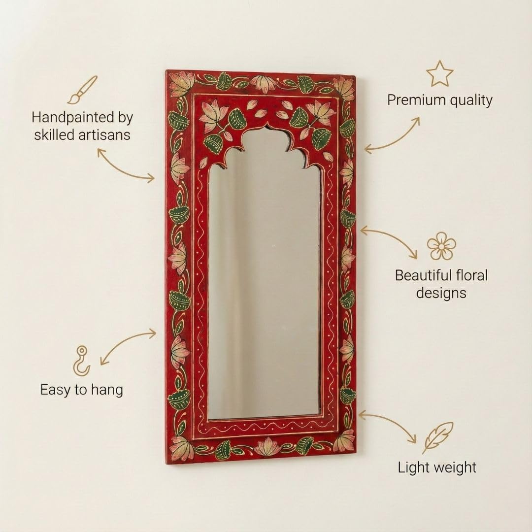 ATRANGI STUDIO Multicolour Handpainted Wooden Mirror (Set of 3) | Handcrafted Arch Design with Floral Motifs | Rajasthani Jharokha Style Mirror | Framed Wall Hanging for Home, Bedroom | 18x9.5 Inch