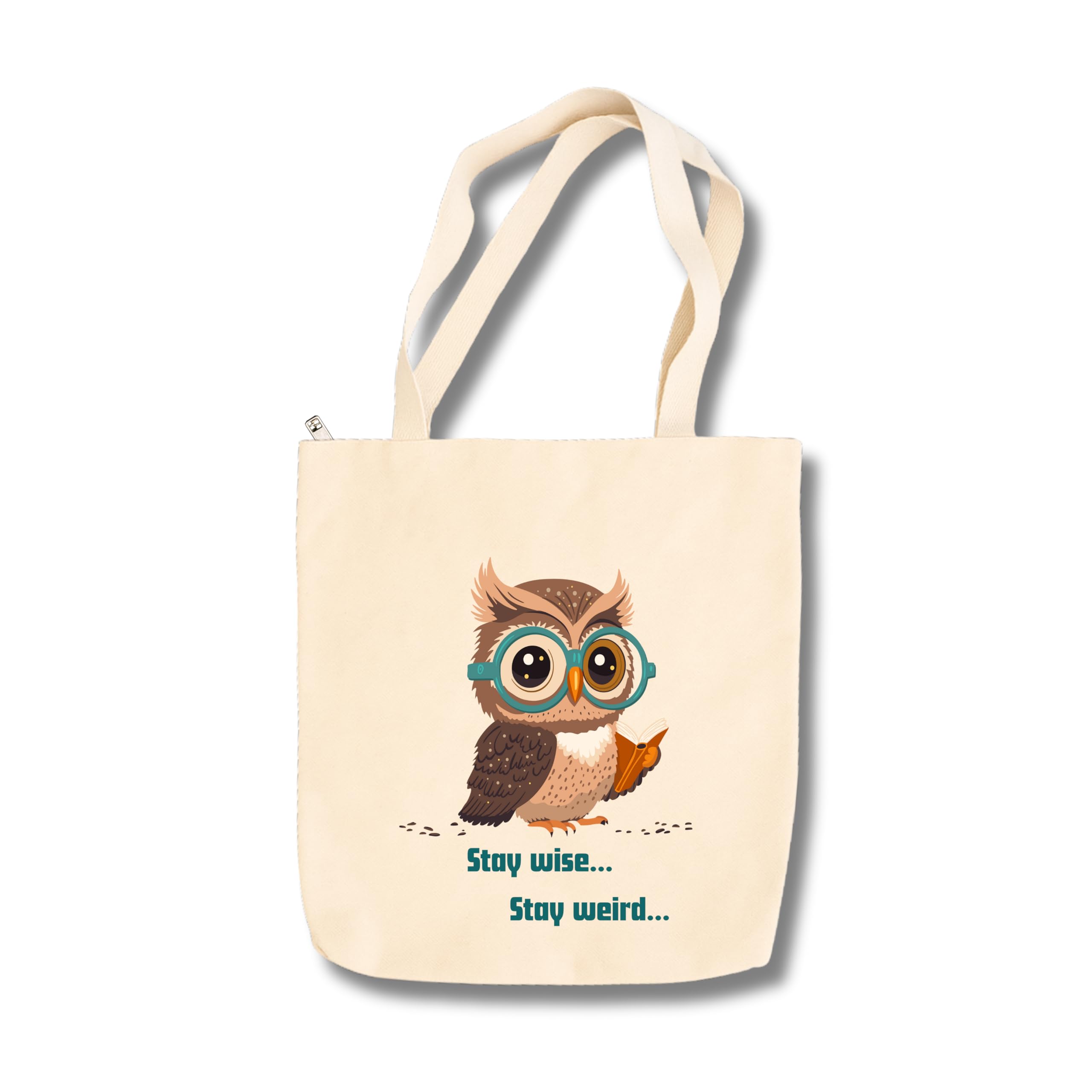 snapiq COTTON 350 GSM Canvas Tote Bag for Women and Girls Thick Fabric with Zipper (Beige, Owl1)