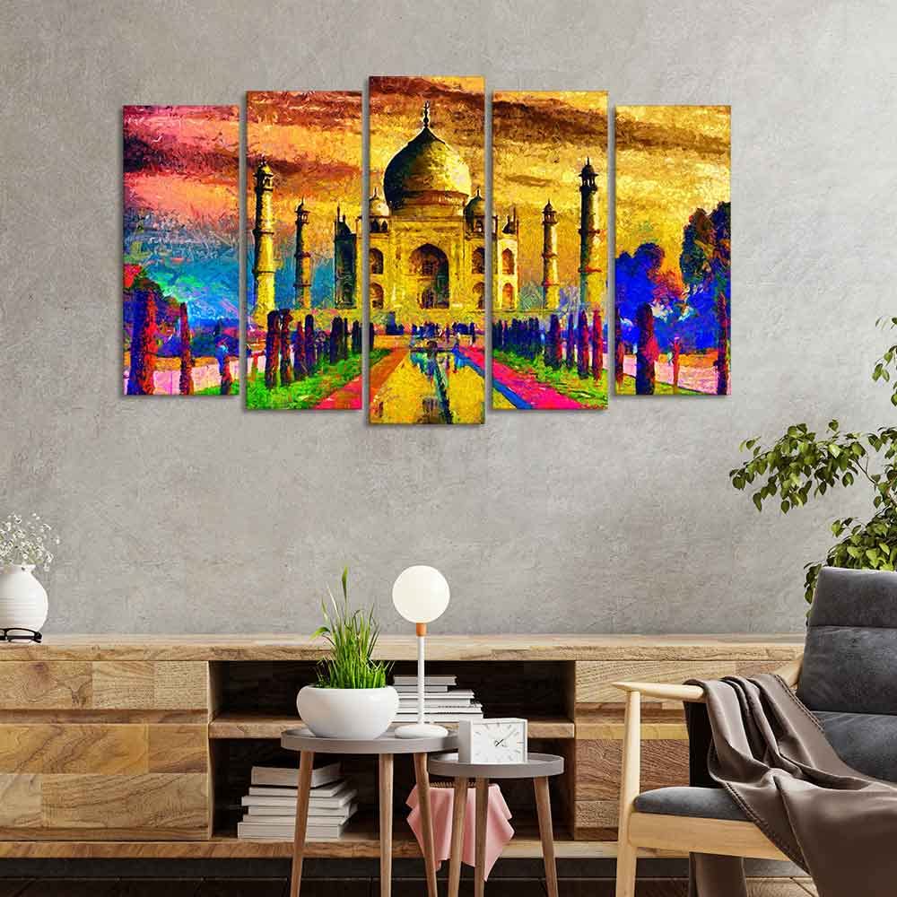 VIBECRAFTS Beautiful Taj Mahal Canvas Wall Painting Set of Five Pieces For Home|Office|Living Room|Gift (PTVC5Pcs2_6522)