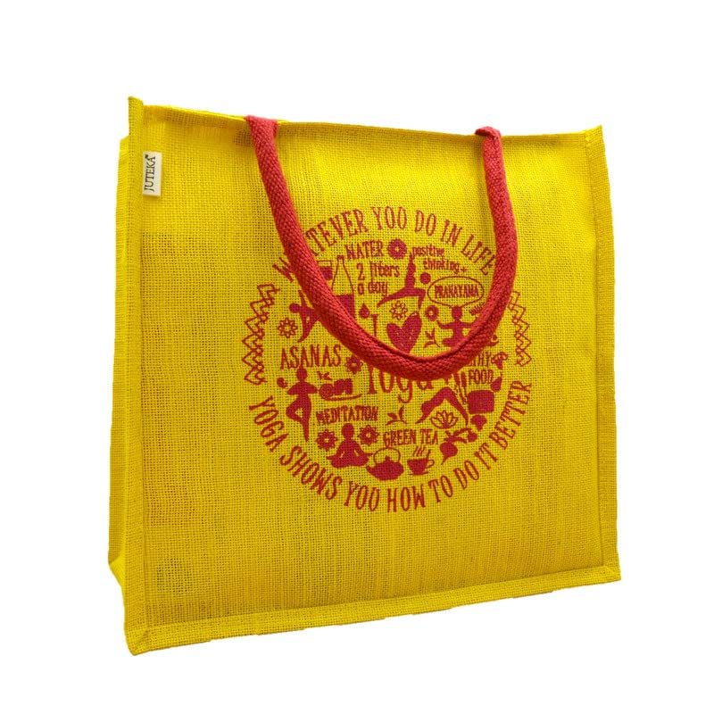JUTEKA Yoga Print Eco Friendly Jute Bag for Shopping, Lunch, Tiffin, Office, Grocery with Zip Closure and Padded Cotton Handles…