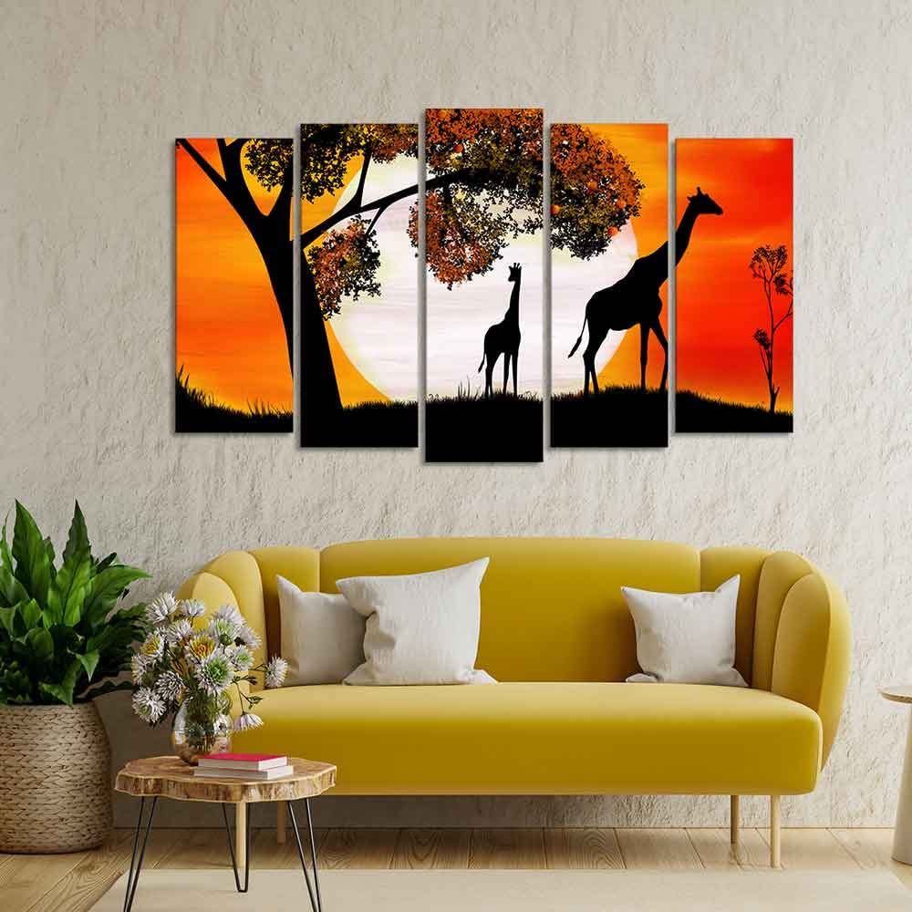 VIBECRAFTS A Pair of Giraffe under a Tree in Sunset Canvas Wall Painting of Five Pieces For Home|Office|Living Room|Gift (PTVC5Pcs2_6623)