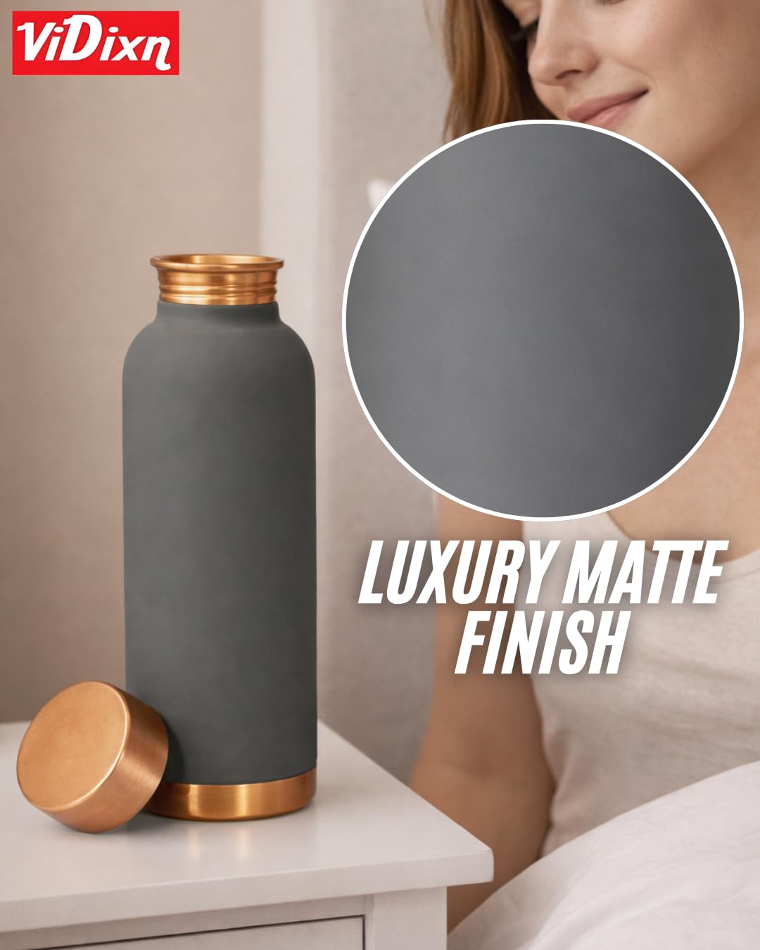 viDixn Pure Copper Water Bottle Ayurvedic Leak-Proof Copper Bottle for Drinking Water – Handcrafted Mandala Design – BPA-Free & Eco-Friendly – Improves Immunity & Digestion (SILK GREY) 950ml