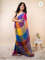 Piyari Fashion womens traditionalpure linen cotton soft self deseign trending multicolour saree with elegant tassel &running blouse picse (blue multicolour)