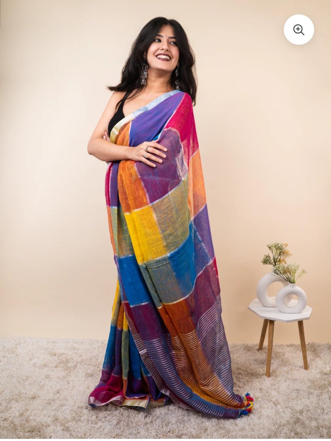 Piyari Fashion womens traditionalpure linen cotton soft self deseign trending multicolour saree with elegant tassel &running blouse picse (blue multicolour)