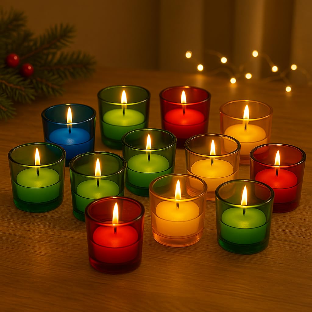 Pure Source India Multicolor Glass Votive Tealight Candle Holders - Living Room Side Table Home Decoration (Glass, Pack of 12