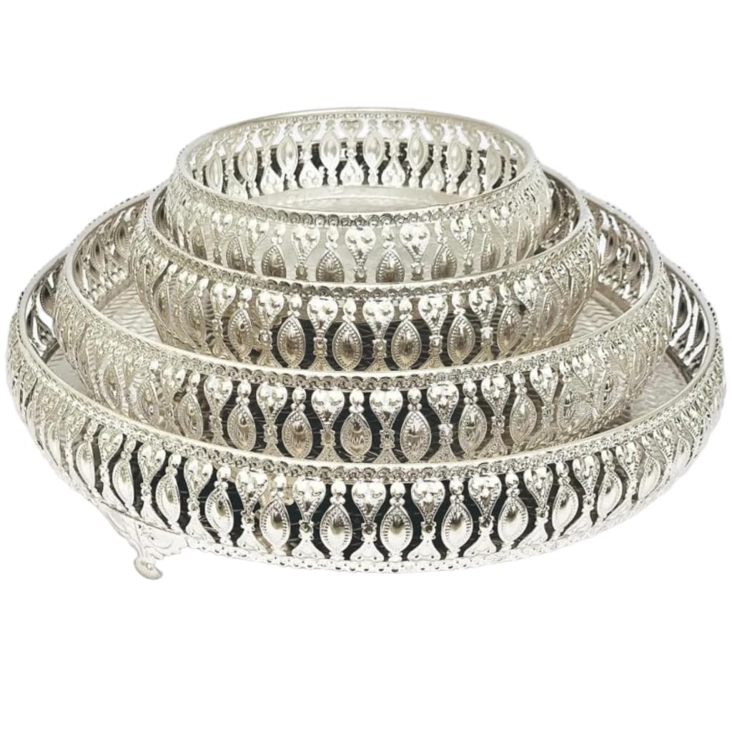 Decorative German Silver Tray Set of 4 Sets Designer Set Trays I Gifting Trays Set [Display for Home Wedding and Festive Decor Size 10 inch 8 inch 6 inch 4 inch. Without Stand Flat Trays.