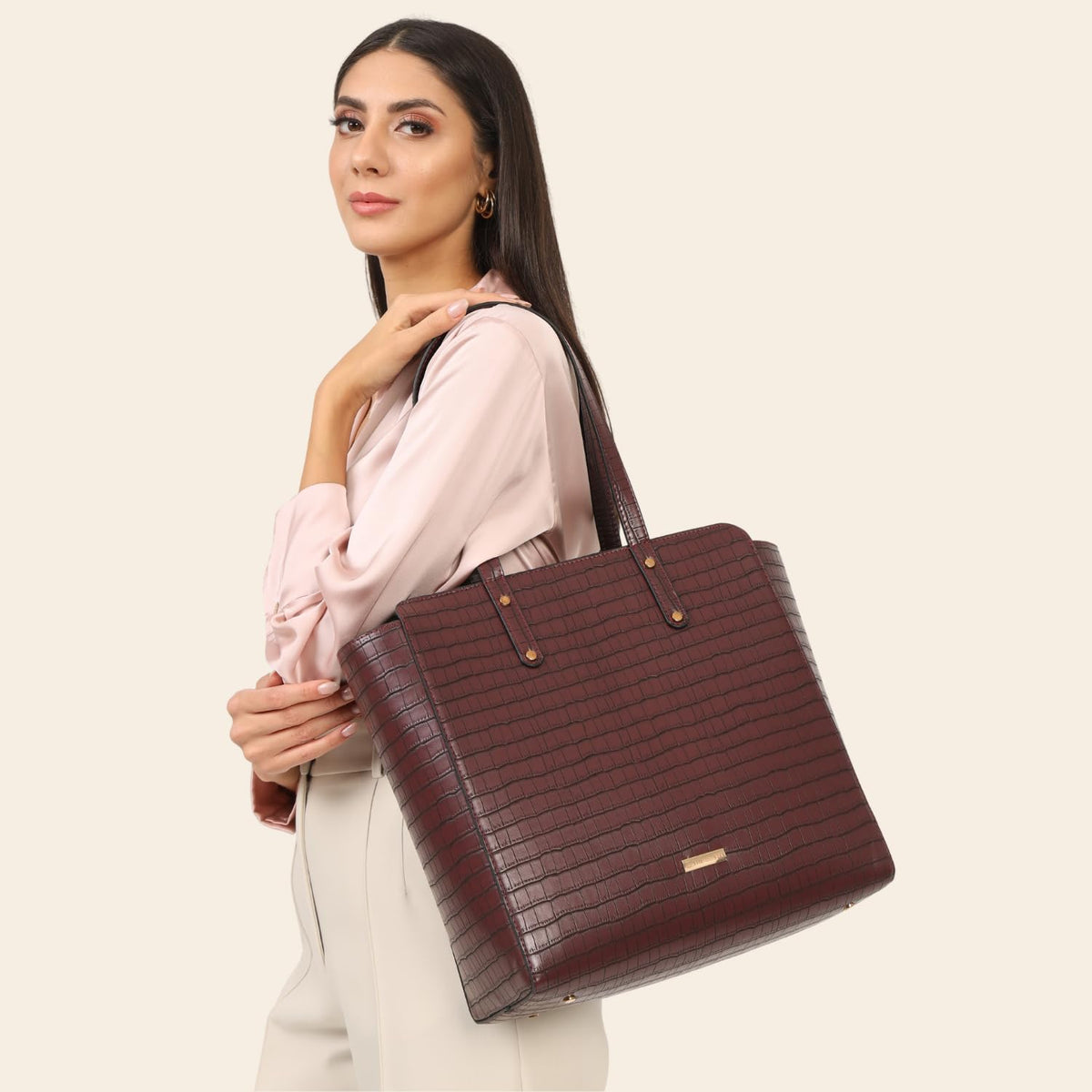 The Gusto Beyond+ Croco - Premium Vegan Leather Tote Bag for Women, Big Size, Wine | Stylish Handbag for women with Zip Closure | Fit for Office Bag, College, Travel Use | Handcrafted in India