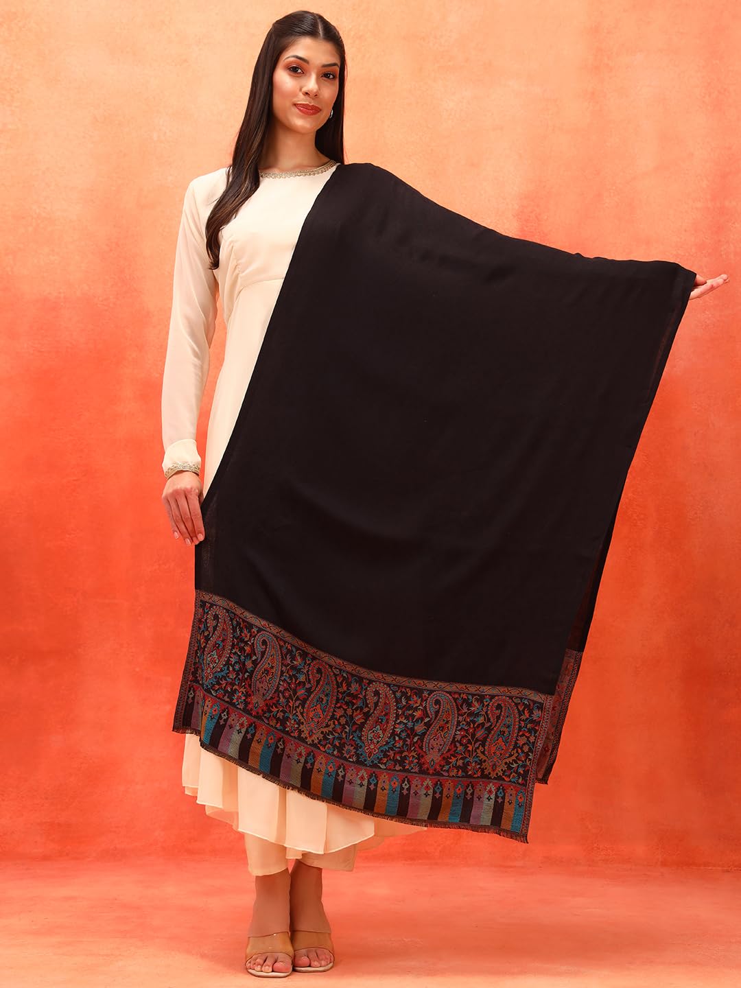 Pashmoda Women Gulpari Kaani Stole, Authentic Kashmiri Luxury Pashmina Style Shawl, Stole, (Size 28x80 Inches, Black Color) MAVST06