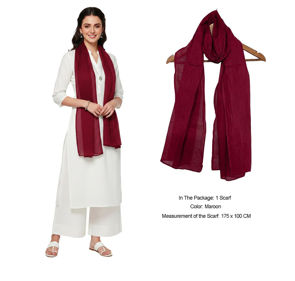 Pure Cotton Scarf Stole for Women, 175 x 100 cm, Lightweight, Versatile, Multiple Colours (Maroon)