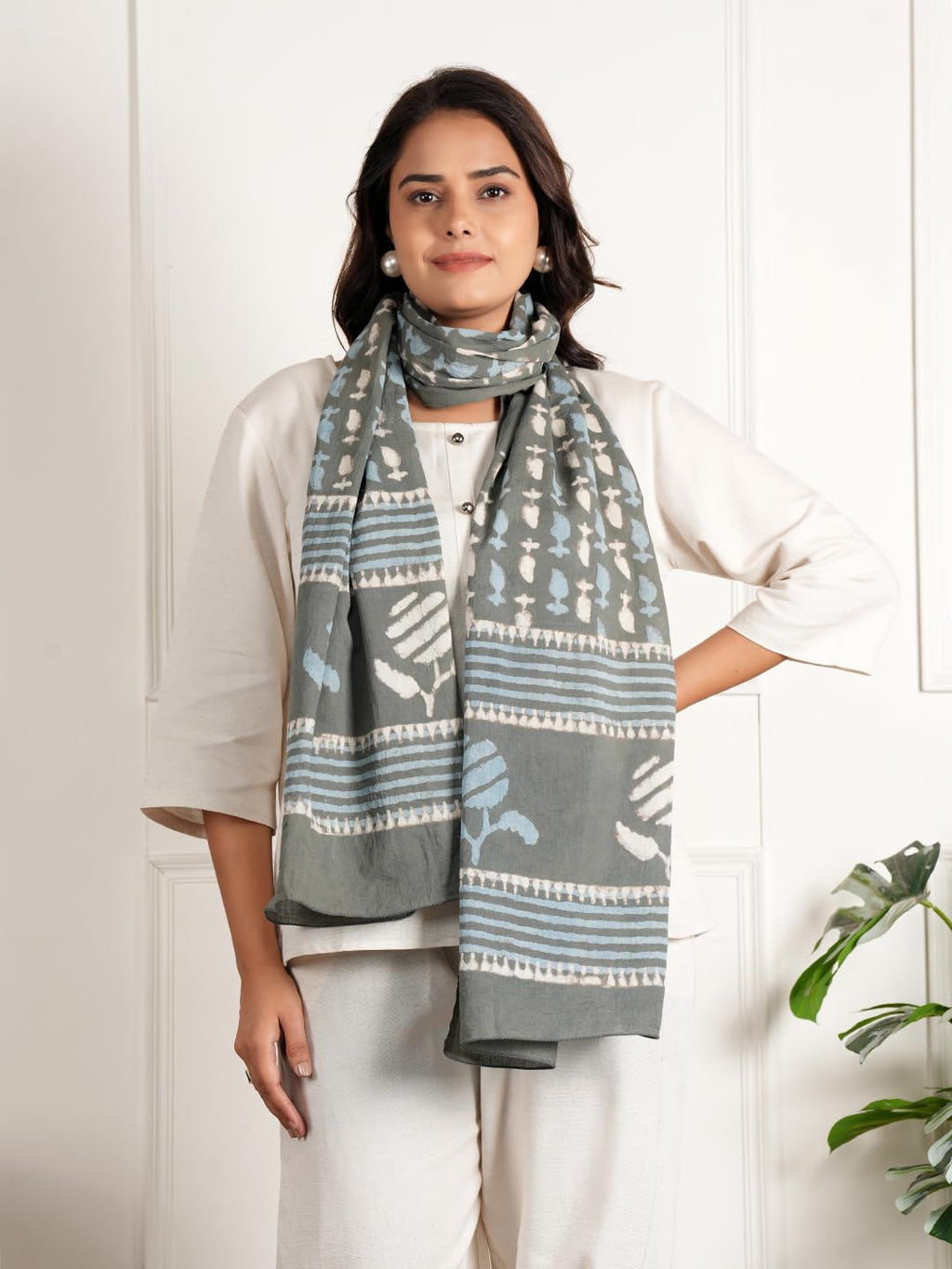 RAI SAHAB Printed Cotton Scarf for Women, Lightweight Soft Scarves Stoles for Summer & Winter(ST-88GREY10)
