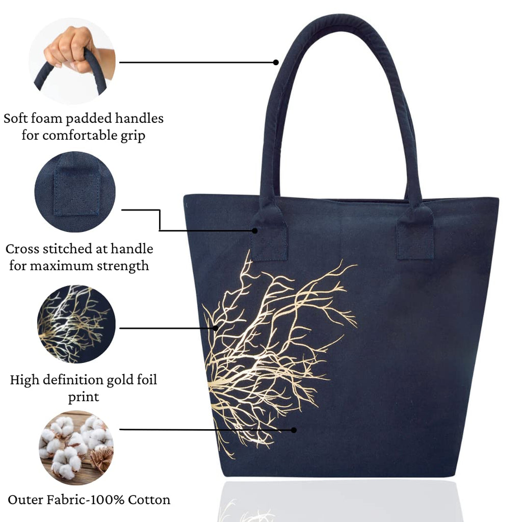 Earthsave Canvas Tote Bag With Zip - Women's Office & College Bag, Printed Travel Bag - Navy Blue - Vegan