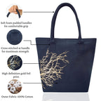 Earthsave Canvas Tote Bag With Zip - Women's Office & College Bag, Printed Travel Bag - Navy Blue - Vegan