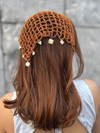 Hair Drama Co. Boho Crochet Scarf with Shell Charms For Women | Small Size Brown Crochet Headscarf | Bohemian Bandana Scarves | Cotton Thread Headband Scarfs for All Seasons