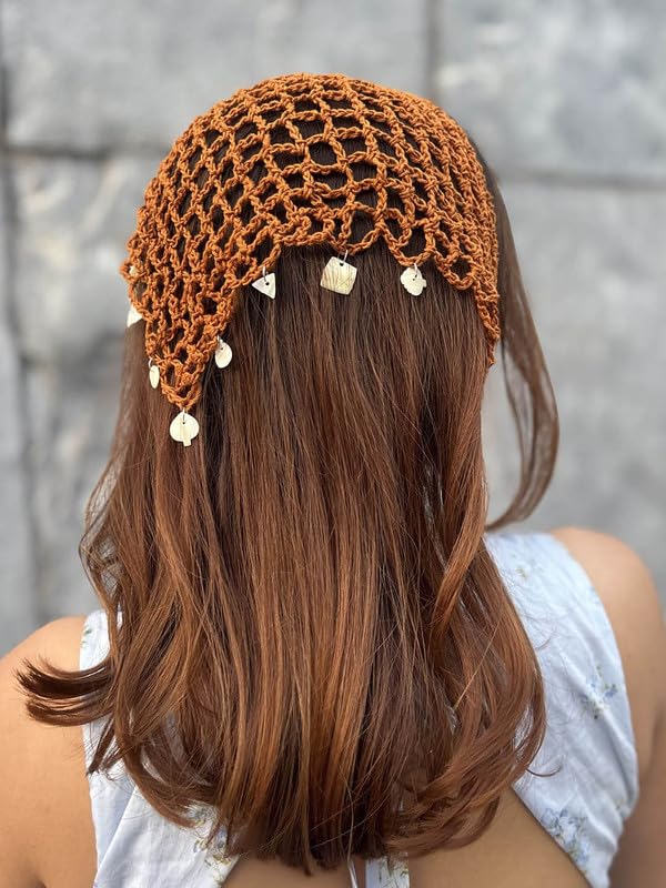 Hair Drama Co. Boho Crochet Scarf with Shell Charms For Women | Small Size Brown Crochet Headscarf | Bohemian Bandana Scarves | Cotton Thread Headband Scarfs for All Seasons