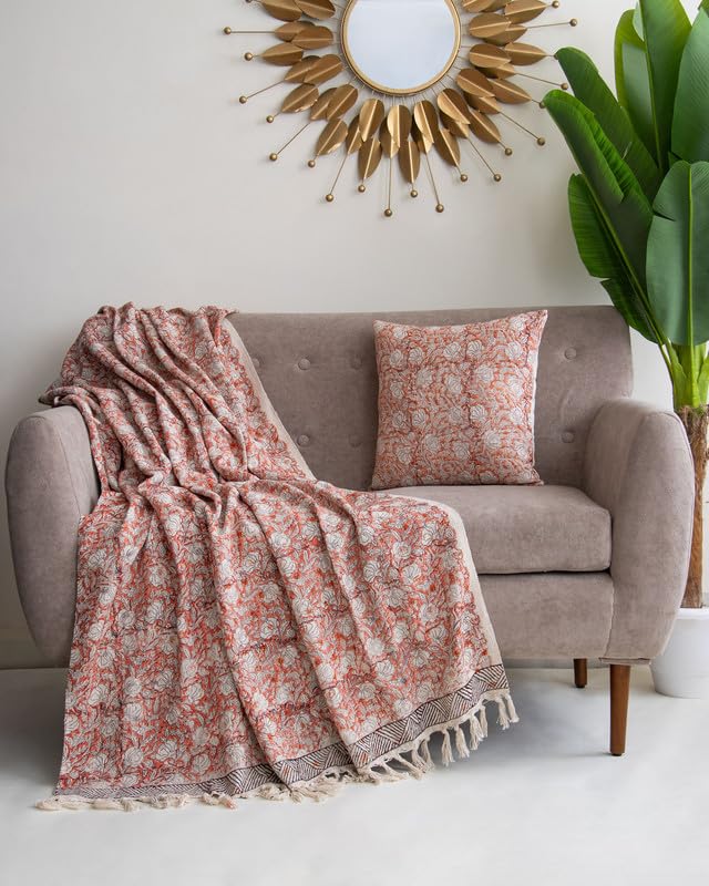 DMAASA Traditional Jaipuri Floral Buti Hand Block Print Cotton Sofa Throw (50x70 Inches) with 2 Pcs Cushion Cover(16x16 Inch) Soft Lightweight Thrower for Couch, Living Room & Bed (Pack of 3) Kafalo
