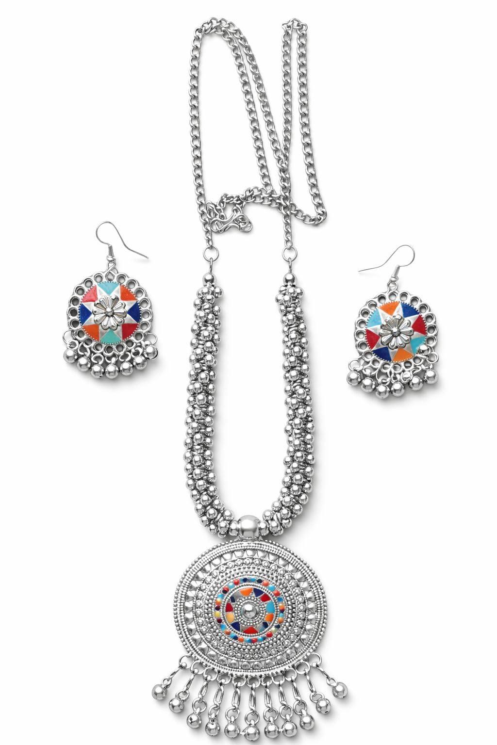 VELOMIRA Oxidised Silver Tribal Necklace Set for Women | Boho Ethnic Pendant Necklace with Matching Earrings | Traditional Handmade Jewelry Set