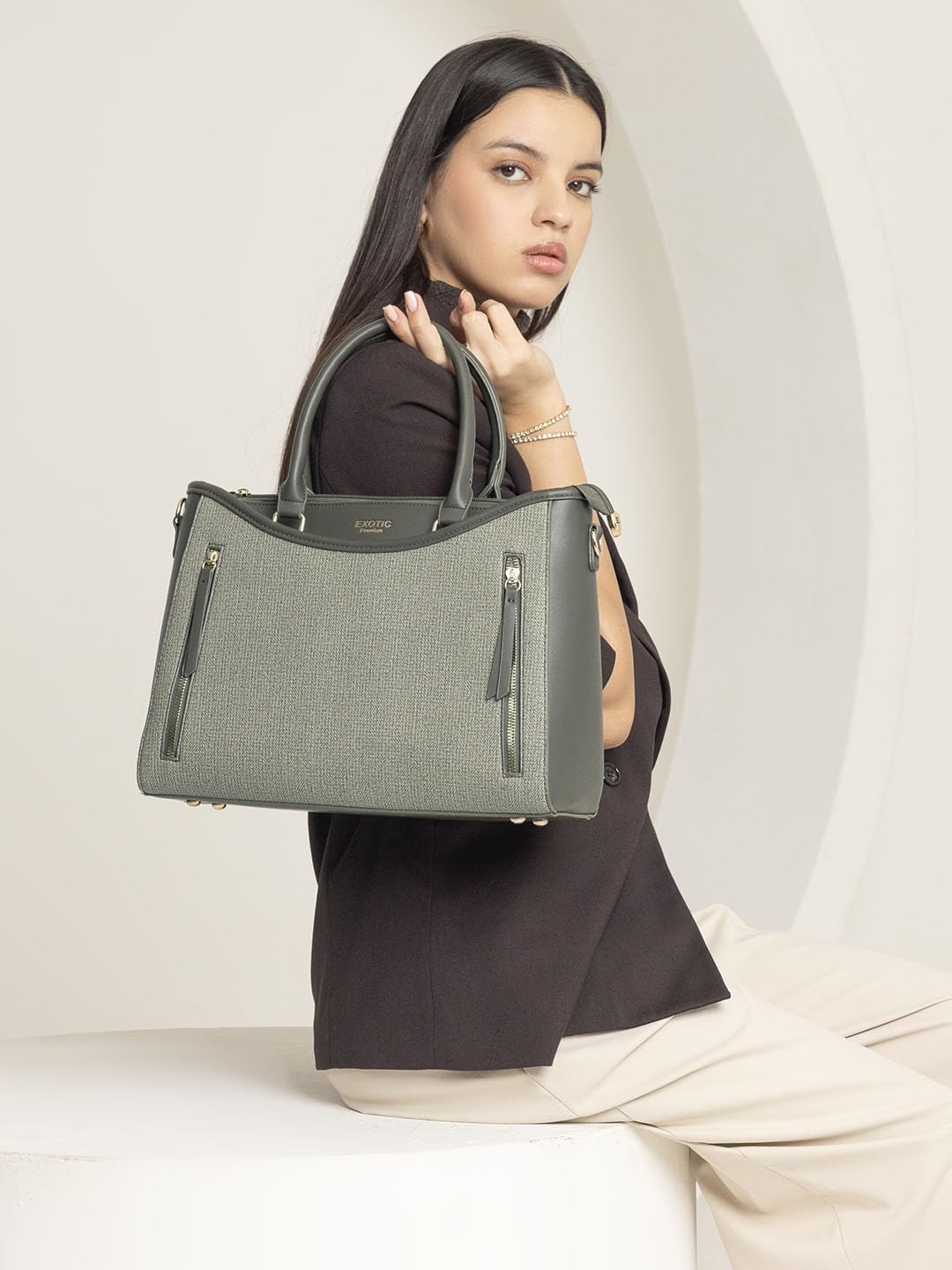 EXOTIC Alvara Tote Bag for Women | Multi-Compartment Handbag with Laptop Space, Front Zip Pockets & Luggage Sleeve | Premium PU Leatherette Work & Travel Tote (Green)