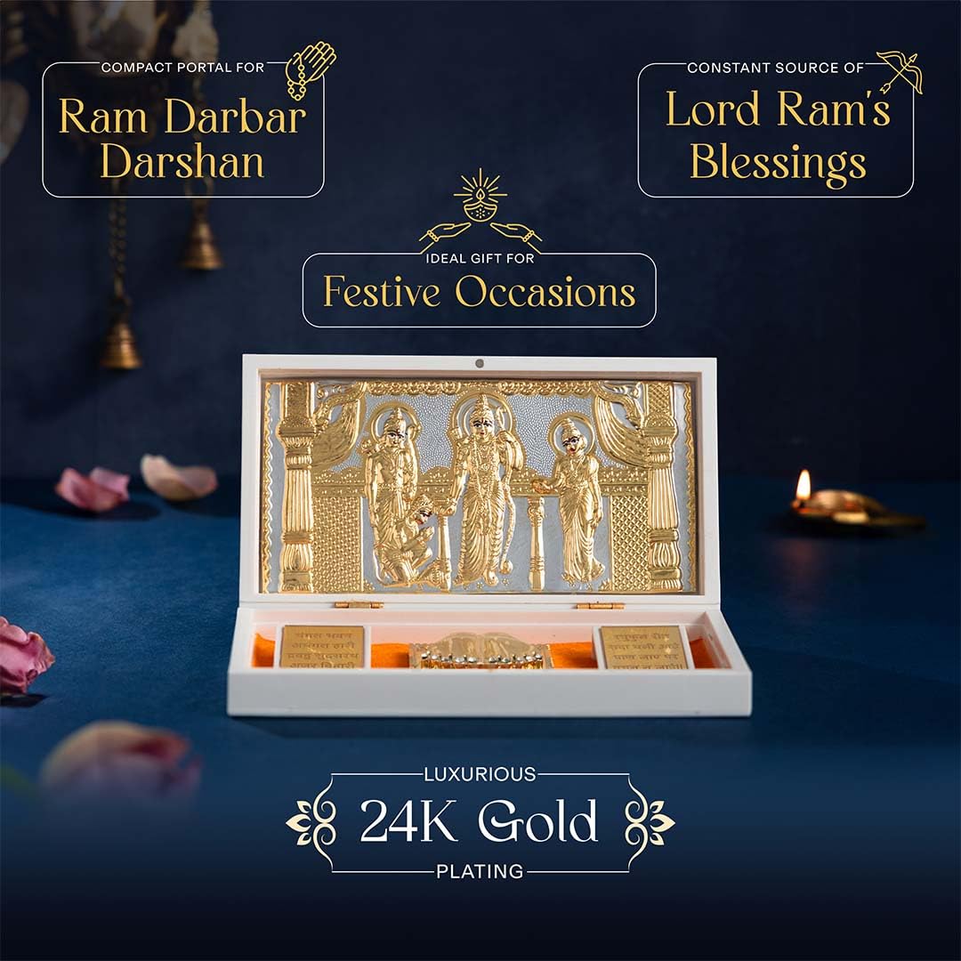 Svastika Ram Darbar Pocket Temple | 24 Karat Gold Coated | Ram Sita Lakshman Hanuman Idol | Gift for Festivals and Weddings | NRI and Corporate Gifting | Home Mandir Decor | 21 cm (Small)
