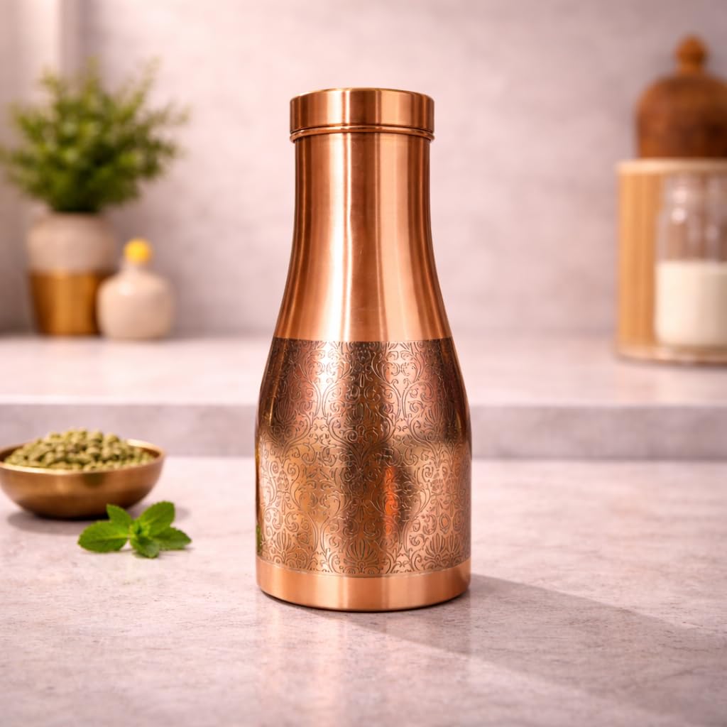 JAIPUR ACE Premium Pure Copper Water Bottle Designer Engraved Leak Proof Ayurvedic Drinking Bottle for Health Benefits Stylish Kitchen Office Use Ideal Gift for Weddings and Occasions(Royal Etching)