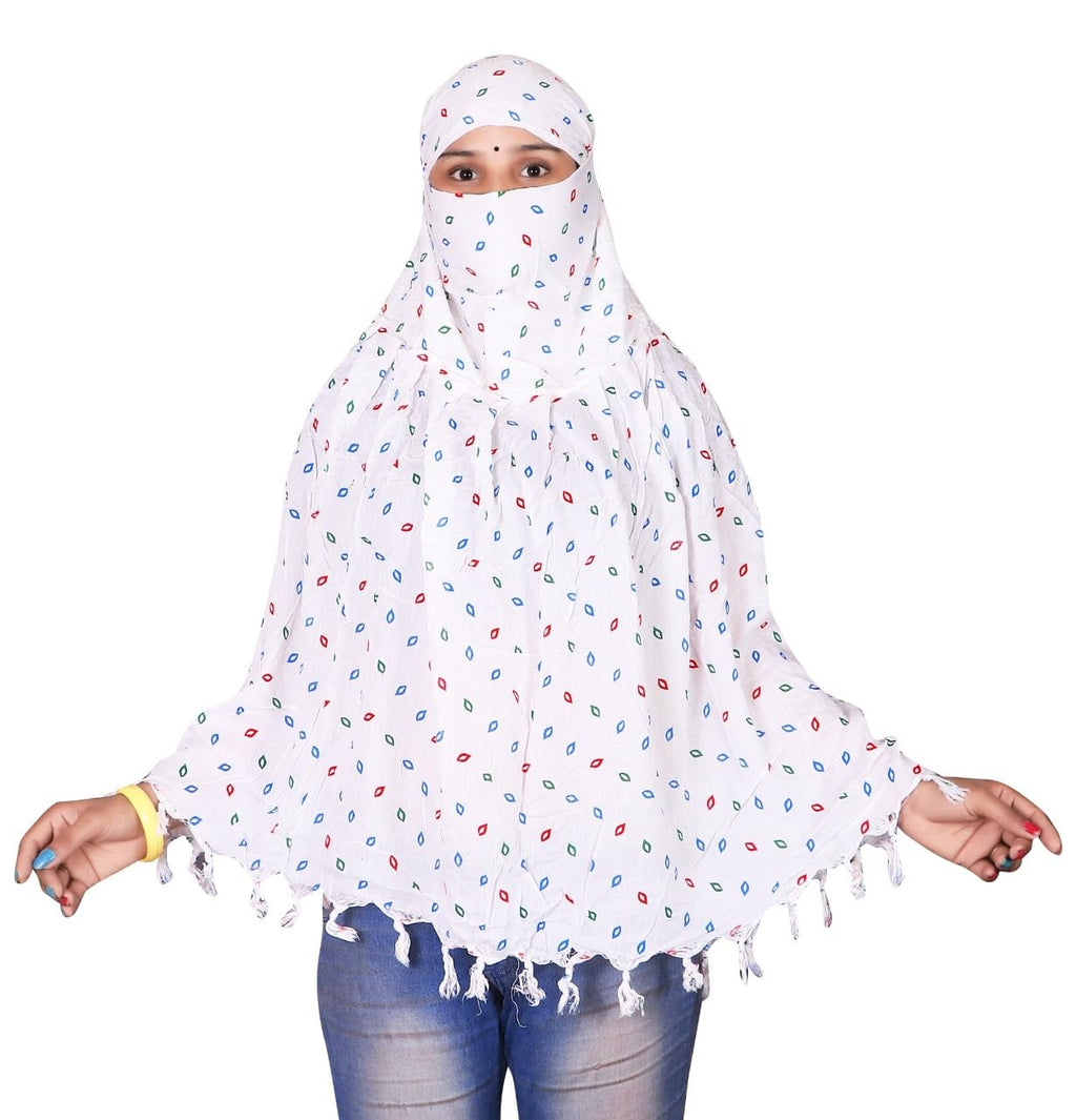 Navvi Pure Cotton Printed White Scarf for Women & Girls | Scarf with Head Cover | Scarves |Bandana| Hijab | Dupatta | Protection from Sunlight, Dust | Usable for Scooty, Bike