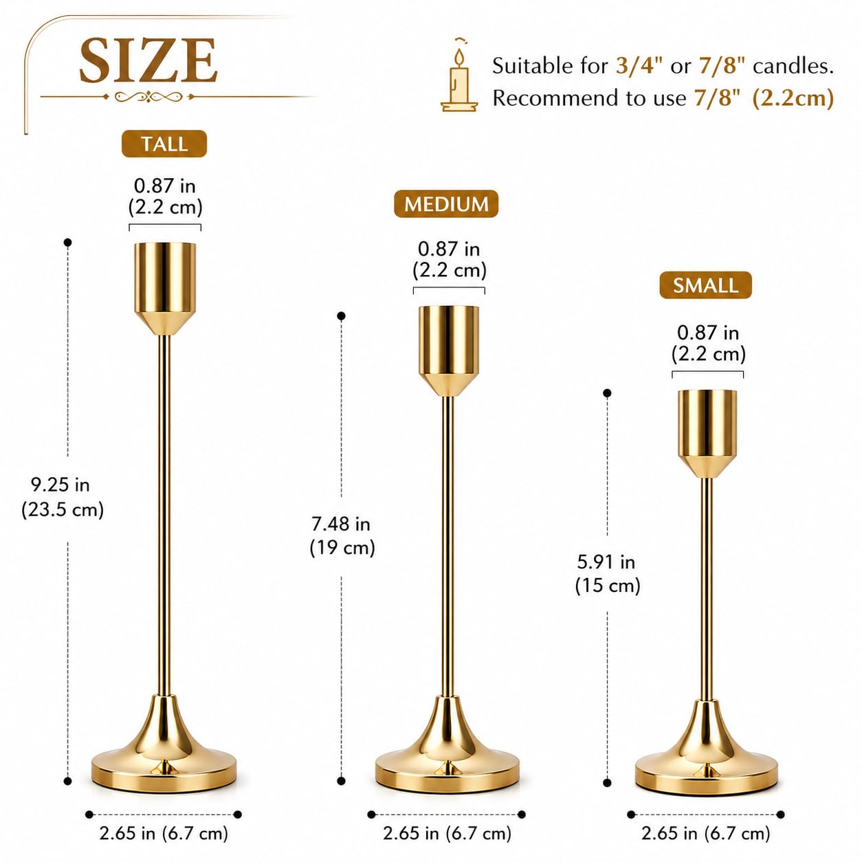 b2 3-Piece Gold Metal Candle Holder Set for Taper Candles, Modern Decorative Candlestick Holders for Dining Table, Wedding Centerpieces, Home Decor & Romantic Dinner Decoration (Gold)