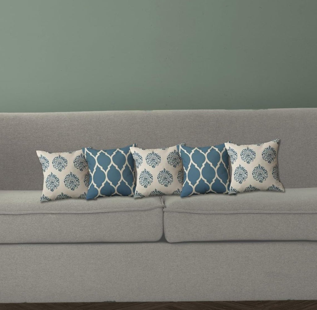Trance Home Linen Set of 5 Premium 100% Cotton 12X12 Inch Cushion Covers Only for Sofa and Diwan | Small Cushion Pillow Covers Only (12X12 Inch | 30Cmx30Cm, Damask & Dori Blue) Set of 5, 180 TC