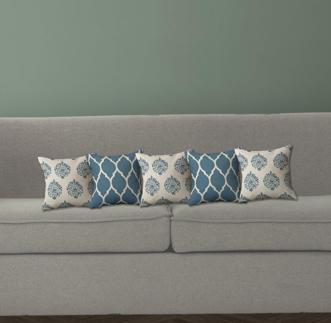 Trance Home Linen Set of 5 Premium 100% Cotton 12X12 Inch Cushion Covers Only for Sofa and Diwan | Small Cushion Pillow Covers Only (12X12 Inch | 30Cmx30Cm, Damask & Dori Blue) Set of 5, 180 TC