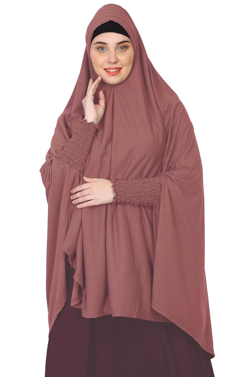 ICW Women Stretchable Jersey Smoking Sleeve Jilbab Cum Prayer Khimar Hijab (Free Size) (Dusty Pink), Female