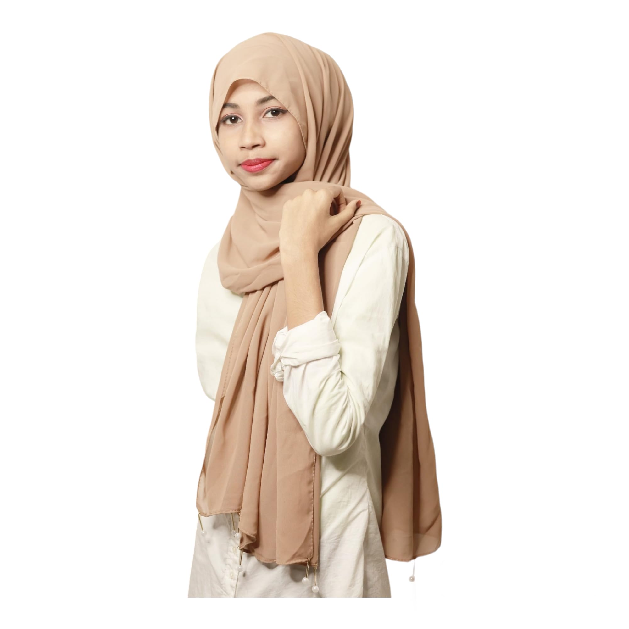 URSHIA PEARL MOTI LATKAN HIJAB/DIAMOND GEORGETTE LATKAN HIJAB (NUDE)