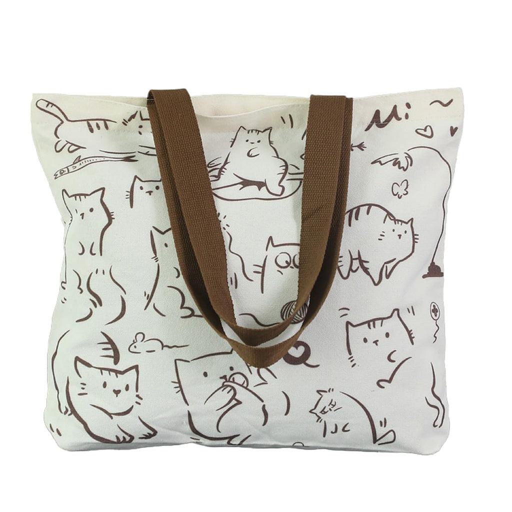 wolpin Women Shopping Grocery Tote Bag Beige | Reusable Cotton Shoulder Handbag with Pocket | Zipper Closure Travel Carry Bag Multipurpose | Funny Cat Printed Classic Tote