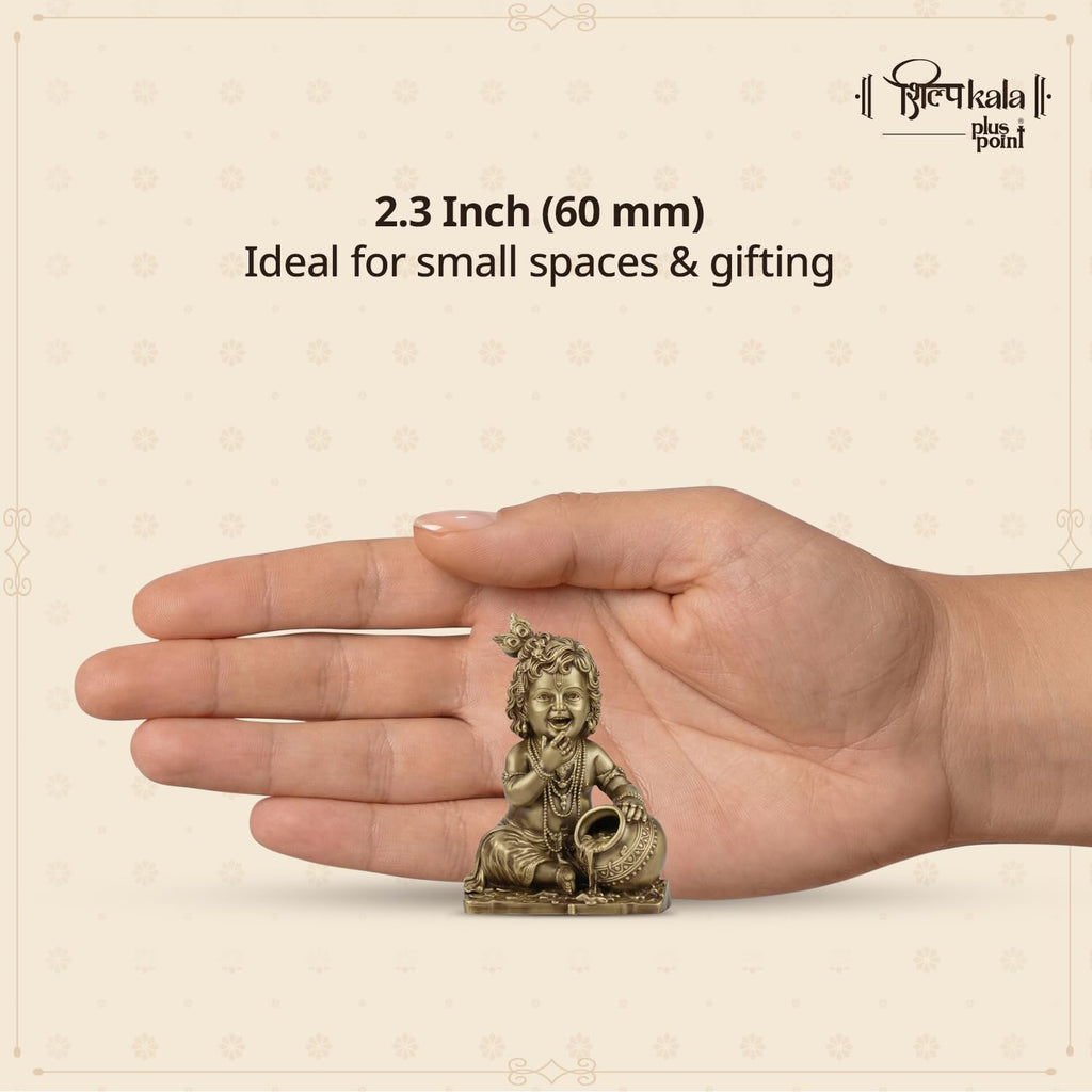 Shilpkala 2.3 Inch Makhan Chor Brass Idol | Brass Krishna Murti for Home Temple, Office Desk & Living Room Decor | Gift for Housewarming & Festivals (Coffee Antique Finish)