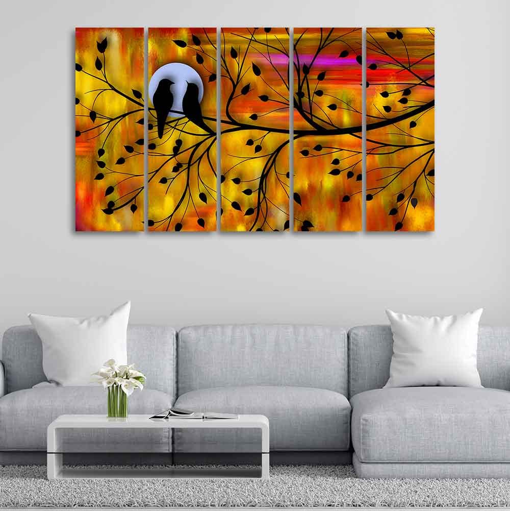 VIBECRAFTS Beautiful Bird Couple on Tree Wall Painting of Five Pieces For Home|Office|Living Room|Gift (PTVC5Pcs4_8713)
