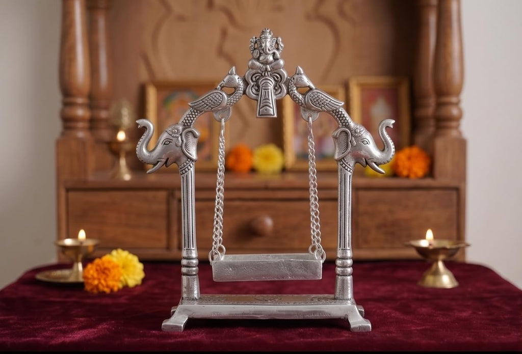 KridayKraft Silver Plated Laddu Gopal Jhula with Elephant & Peacock Arch | Metal Swing/Palna for Janmashtami, Kanha Ji & Home Mandir Decor (19 x 20 cm)
