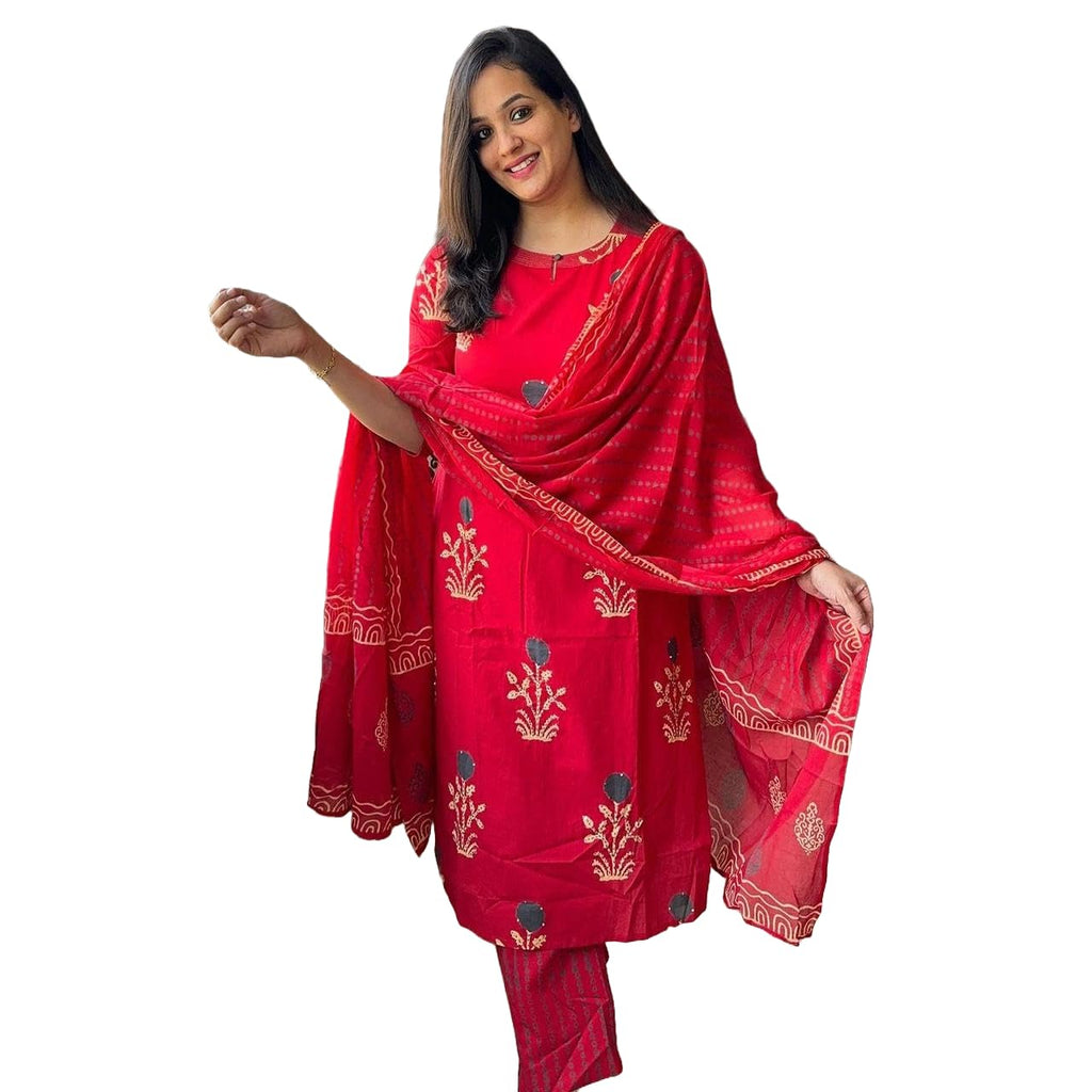 Veqreqmeq Women's Cotton Kurta Set with Dupatta | Red Printed Straight Kurta and Pant Suit for Casual