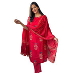 Veqreqmeq Women's Cotton Kurta Set with Dupatta | Red Printed Straight Kurta and Pant Suit for Casual