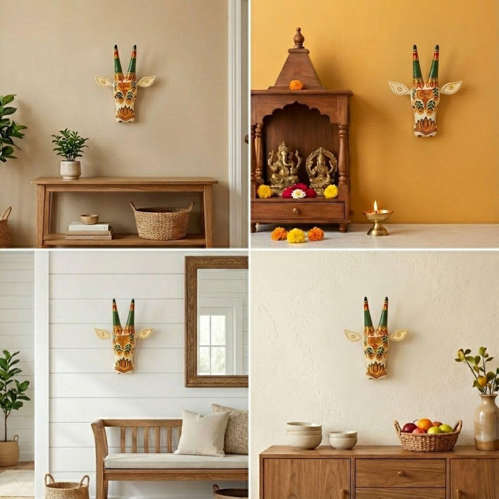 ATRANGI STUDIO Handpainted Wooden Cow Head Wall Decor | Ethnic Wall Art | Symbol of Prosperity | Wall Hanging for Home, Temple & Puja Room | Ready to Hang | 12 Inch, White